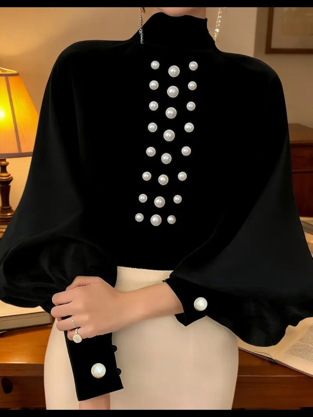 Black Pearl-Button High Neck Blouse